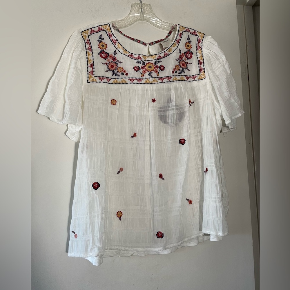 Knox Rose Women's XL White Embroidered Flower Blouse Western Boho NEW